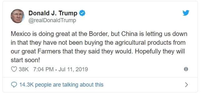 China failed to buy agricultural goods as promised according to Trump