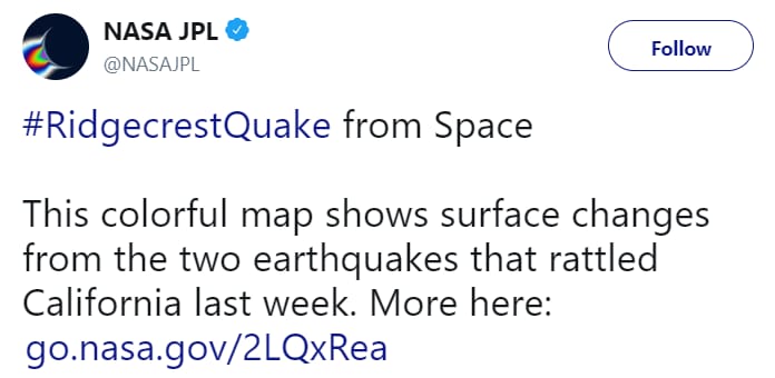 NASA's "Tie-Dye" Map found surface changes caused by California Earthquakes.