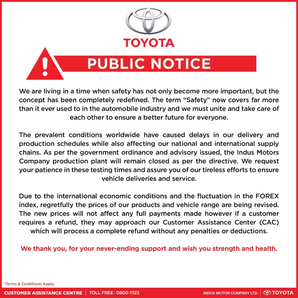Toyota Shuts-Down Its Manufacturing Plant in Pakistan - Official Notice